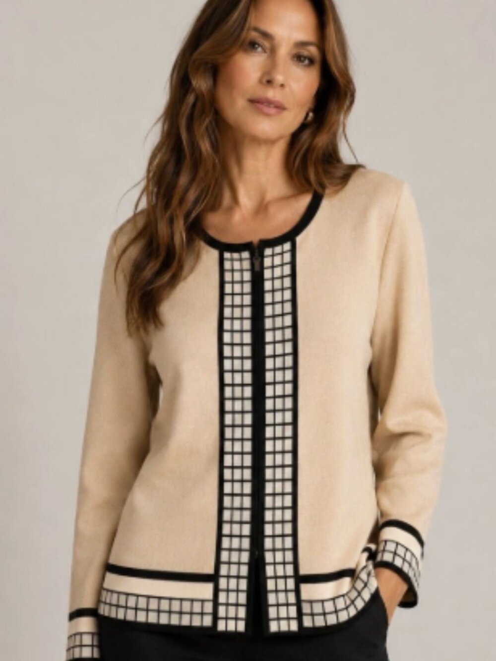 Exclusively Misook Cream Black ZIp-Down Cardigan Jacket Blazer Stretch Sz Small